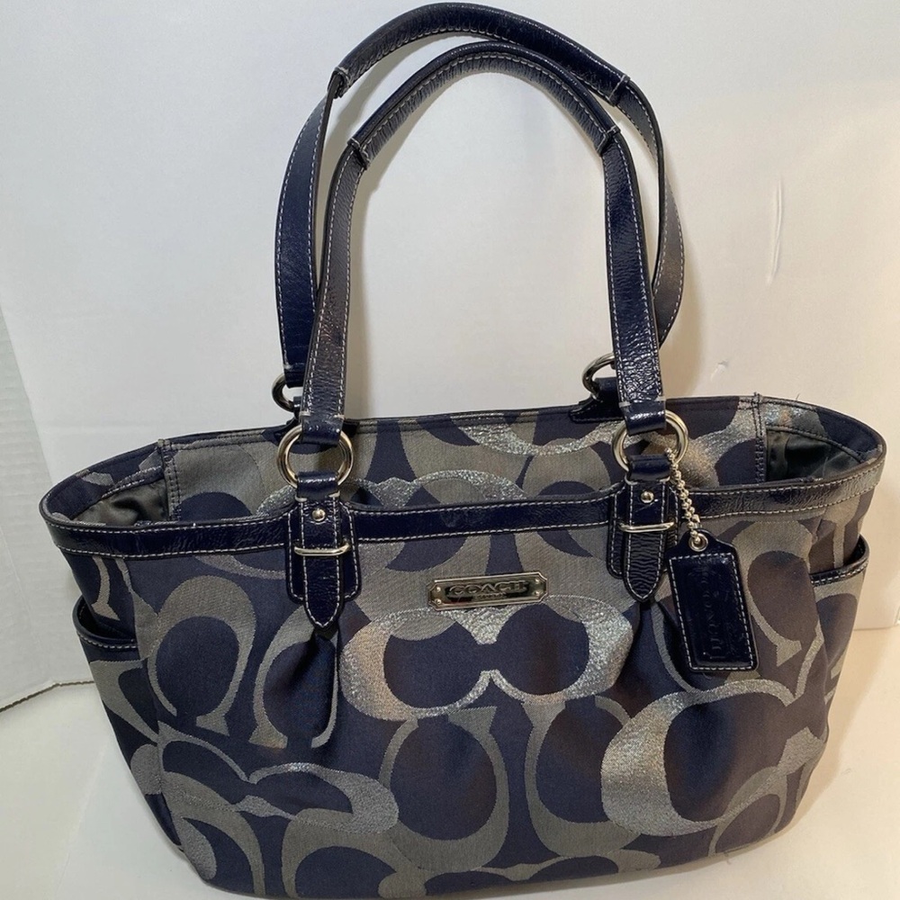COACH F19664 Gallery Signature Lurex Tote Bag Navy Blue/gray/Silver